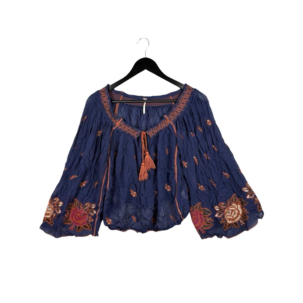 Free People Blue Cropped Embroidered V-Neck w Tassel Floral Boho Sz S Blouse